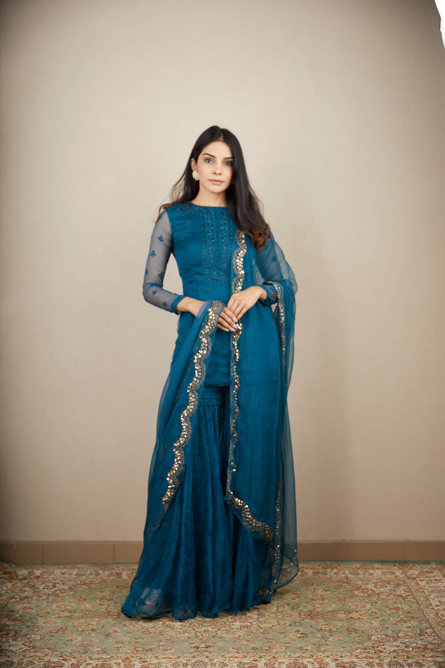 Teal Blue Thread Work Kurti Set