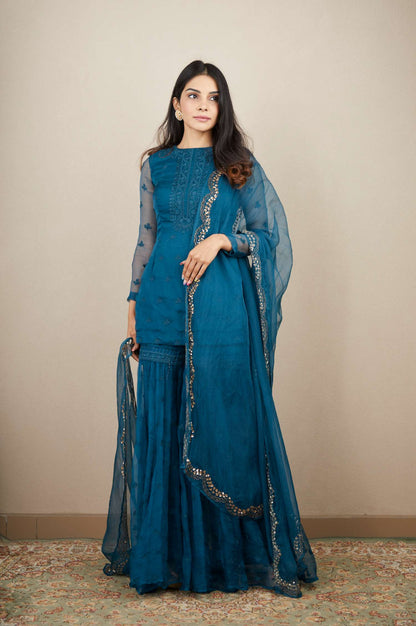 Teal Blue Thread Work Kurti Set