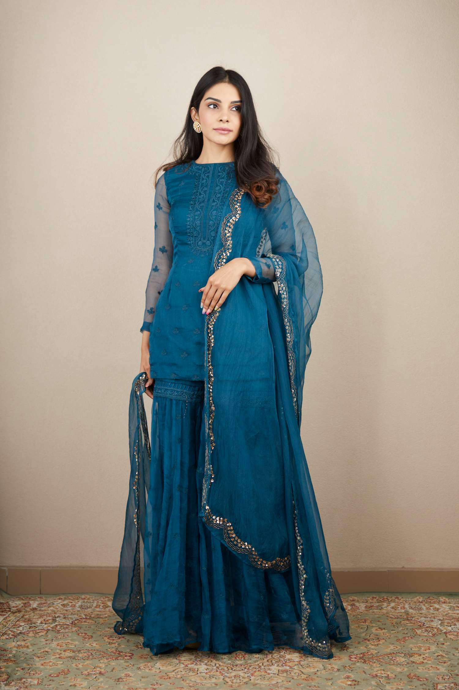 Teal Blue Thread Work Kurti Set By Astha Narang