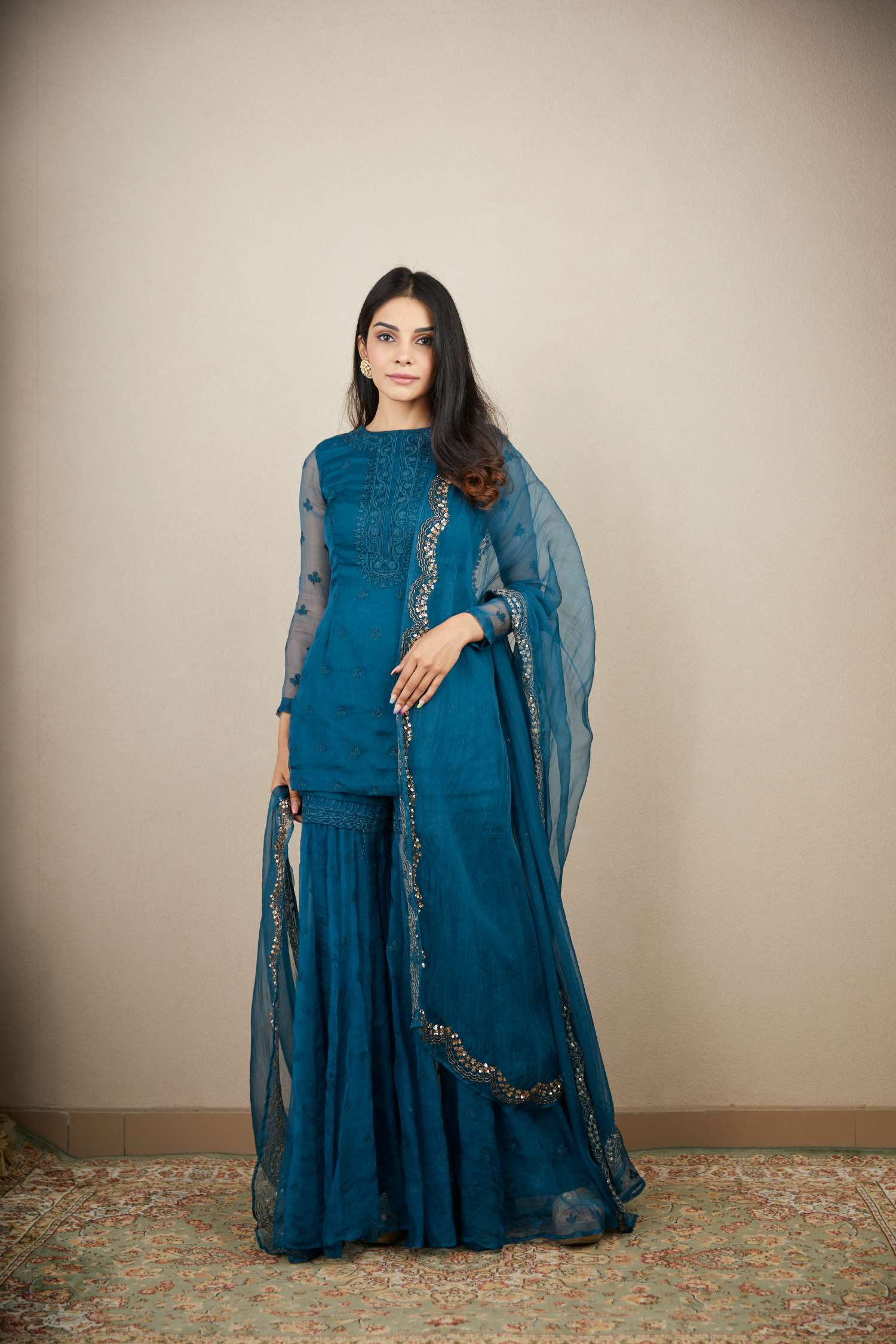 Full Front view of Teal Blue Thread Work Kurti Set