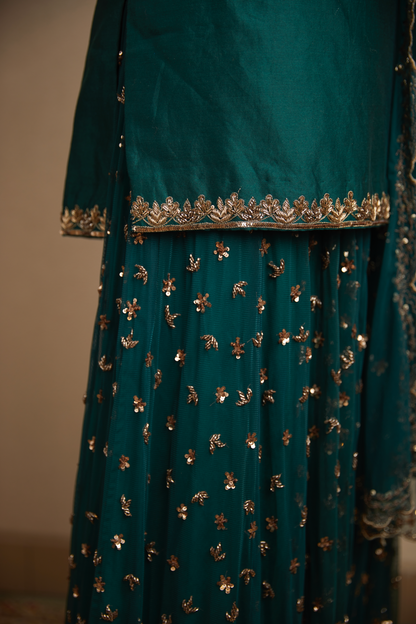 TEAL GREEN BOOTIE KURTI AND SHARARA SET