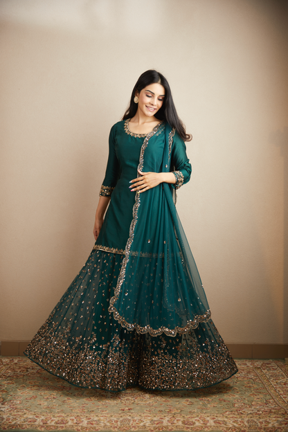 TEAL GREEN BOOTIE KURTI AND SHARARA SET