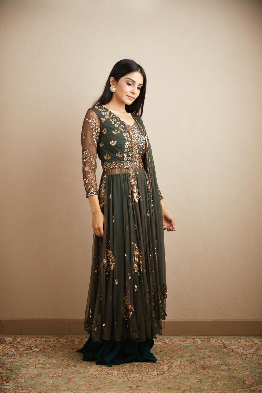 BOTTLE GREEN FRONT OPEN JACKET AND SHARARA SET