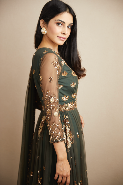 BOTTLE GREEN FRONT OPEN JACKET AND SHARARA SET