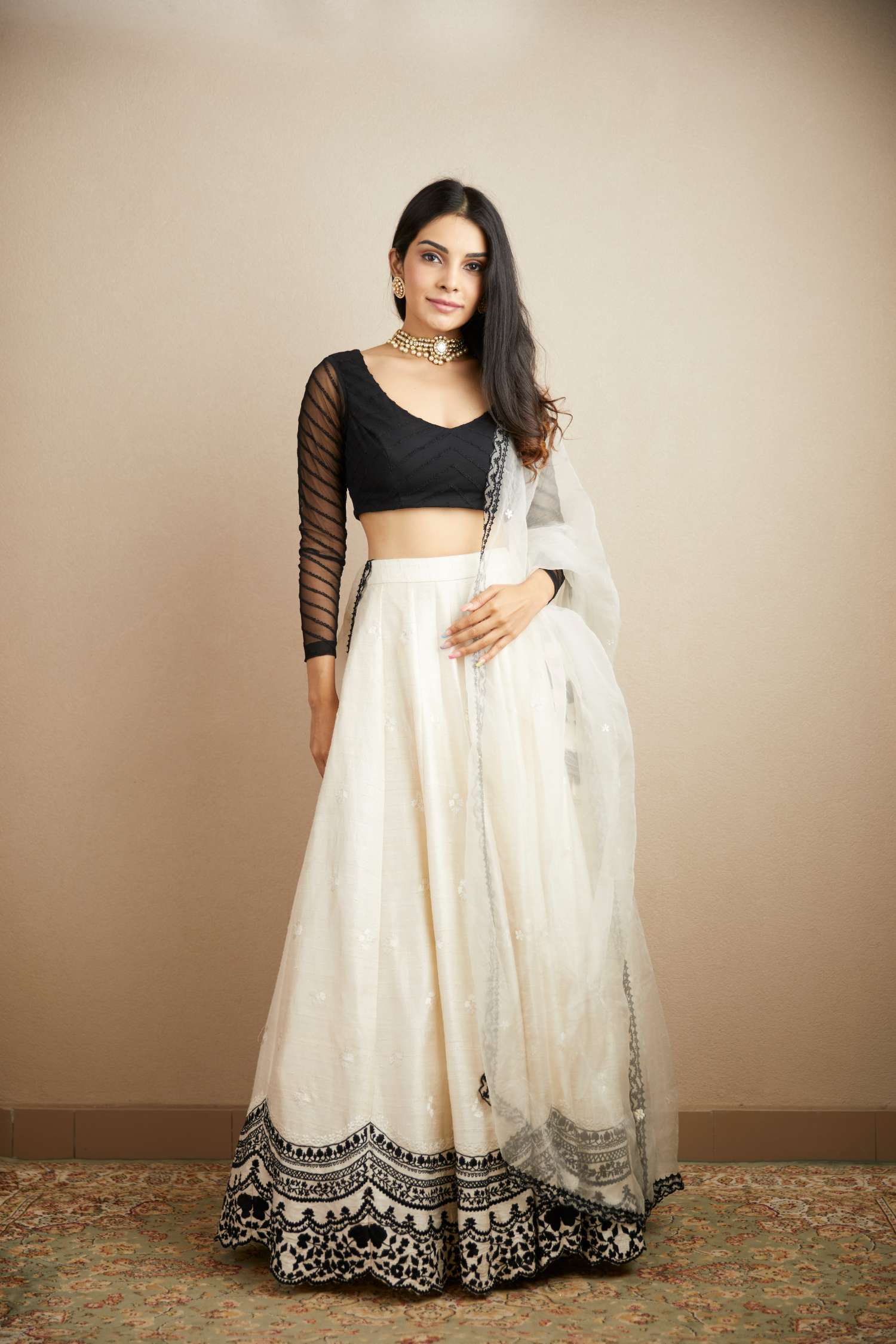 Full Front view of White Black Threadwork Lehenga Set