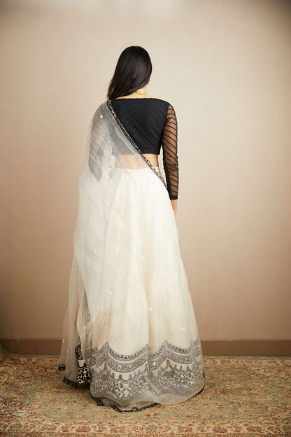 White Black Threadwork Lehenga Set