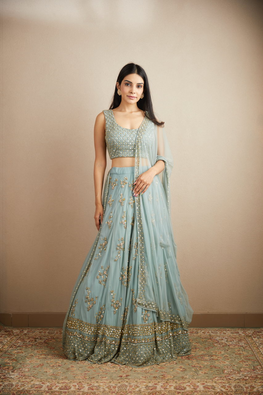 POWDER BLUE WITH GOLD BOOTIE WORK LEHENGA SET