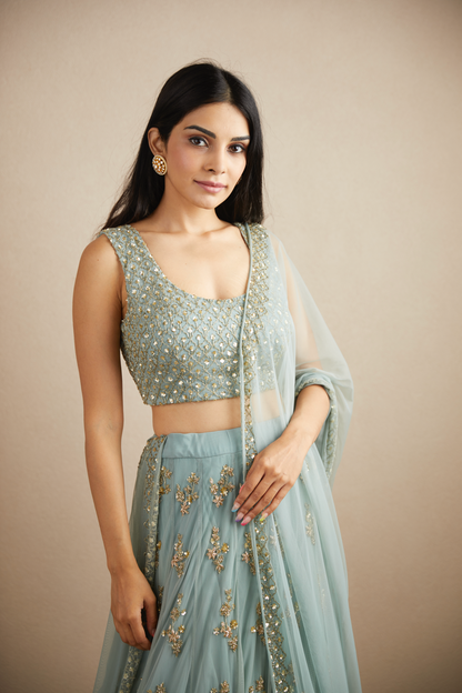POWDER BLUE WITH GOLD BOOTIE WORK LEHENGA SET