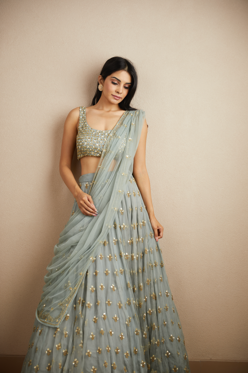 POWDER BLUE WITH GOLD BOOTIE WORK LEHENGA SET