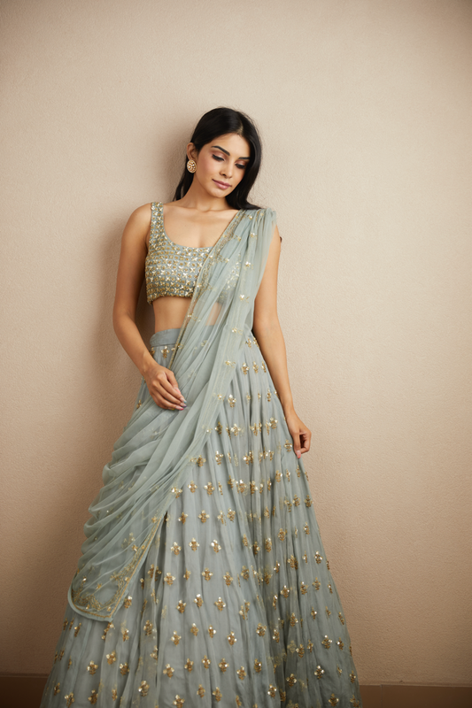 POWDER BLUE WITH GOLD BOOTIE WORK LEHENGA SET