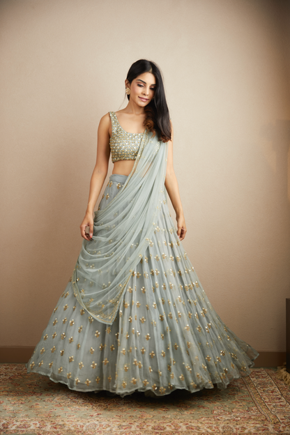 POWDER BLUE WITH GOLD BOOTIE WORK LEHENGA SET