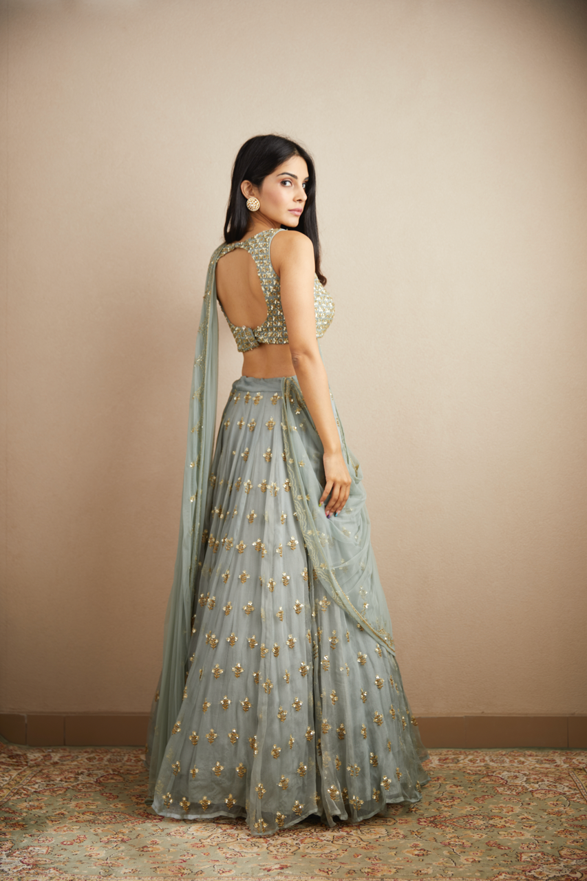 POWDER BLUE WITH GOLD BOOTIE WORK LEHENGA SET