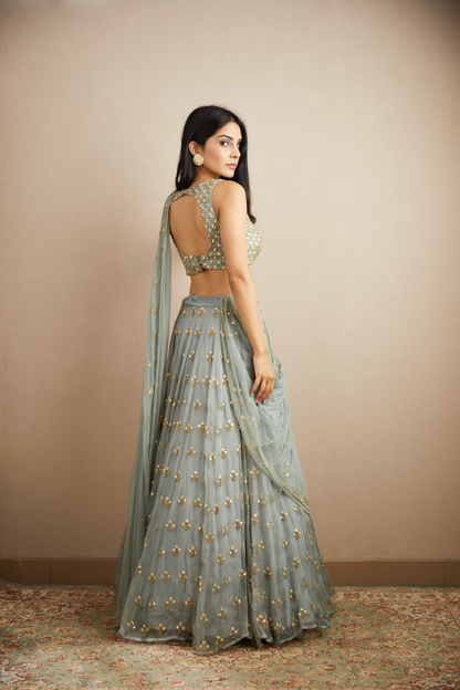 POWDER BLUE WITH GOLD BOOTIE WORK LEHENGA SET