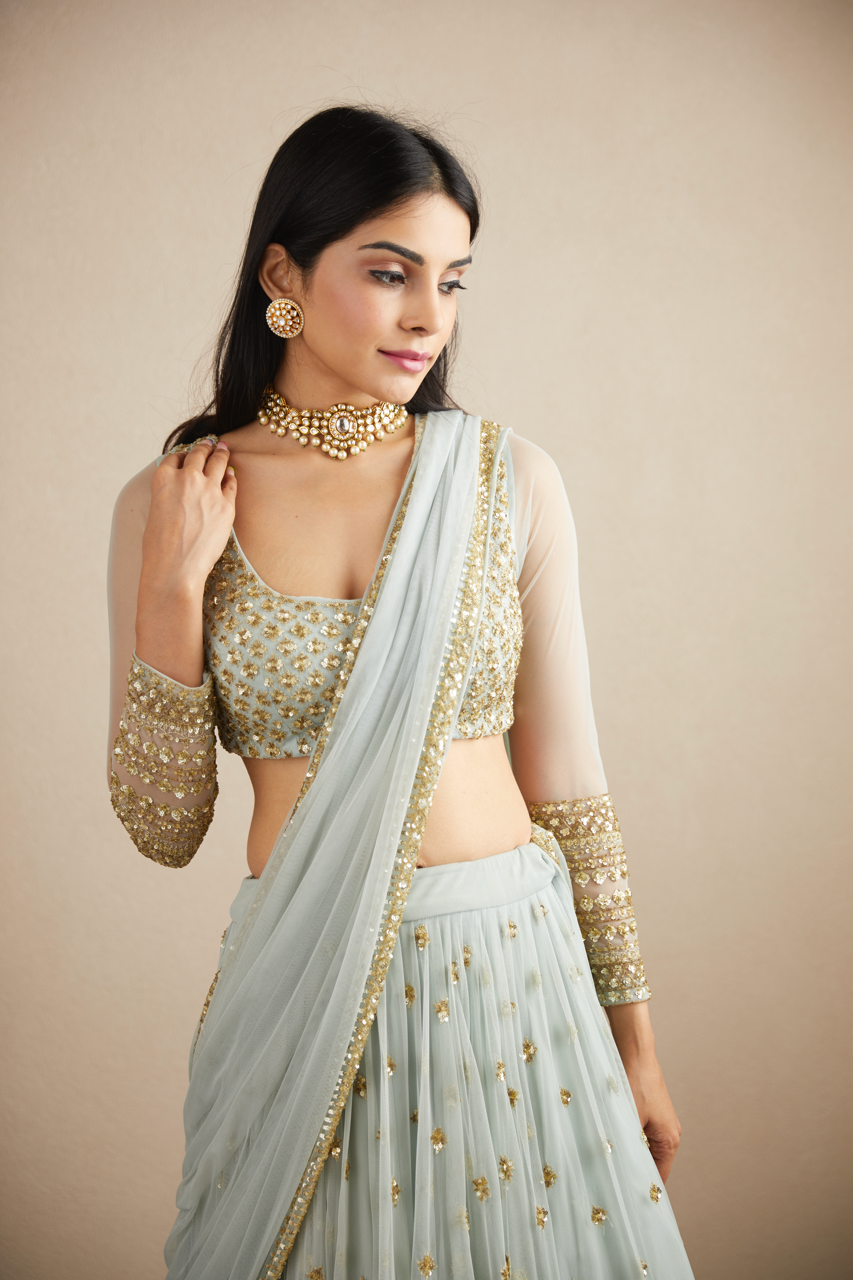 POWDER BLUE WITH GOLD BOOTIE WORK LEHENGA SET