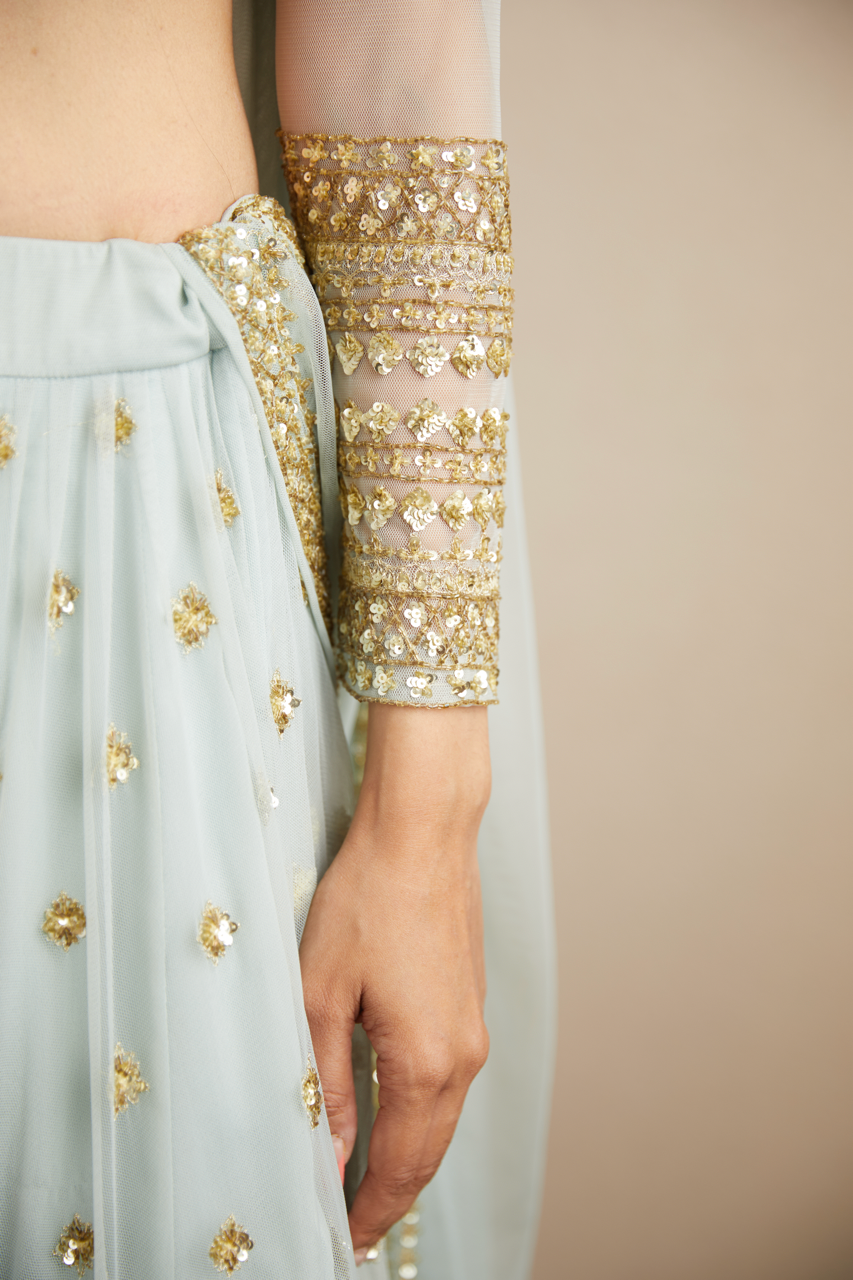 POWDER BLUE WITH GOLD BOOTIE WORK LEHENGA SET