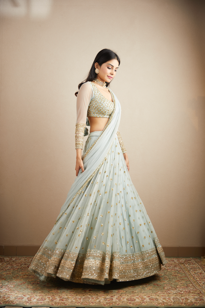 POWDER BLUE WITH GOLD BOOTIE WORK LEHENGA SET