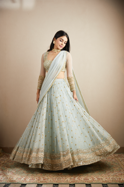 POWDER BLUE WITH GOLD BOOTIE WORK LEHENGA SET
