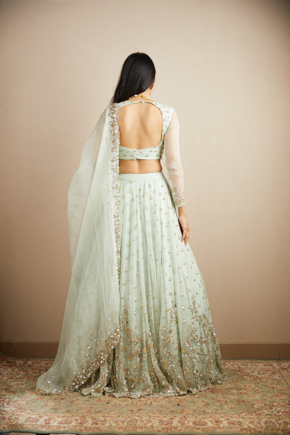 POWDER BLUE WITH GOLD BOOTIE WORK LEHENGA SET