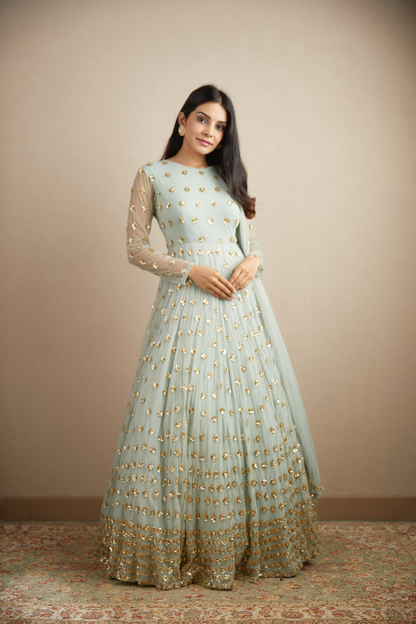 POWDER BLUE WITH GOLD BOOTIE WORK ANARKALI SET