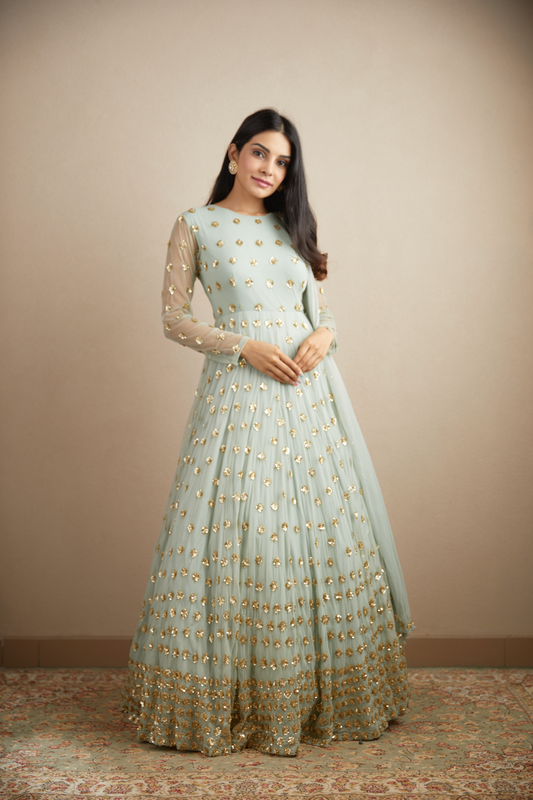 POWDER BLUE WITH GOLD BOOTIE WORK ANARKALI SET