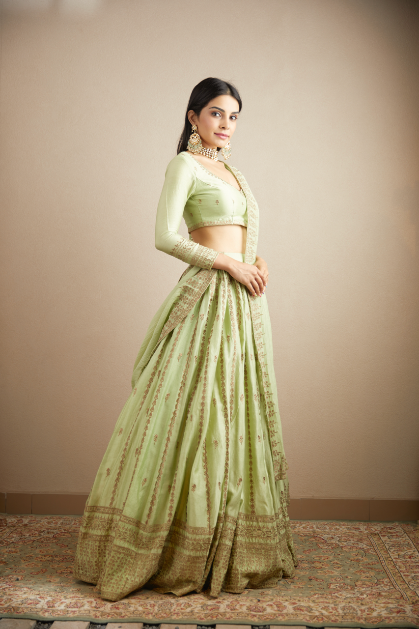 MINT CHANDERI SILK LINE WORK LEHENGA SET