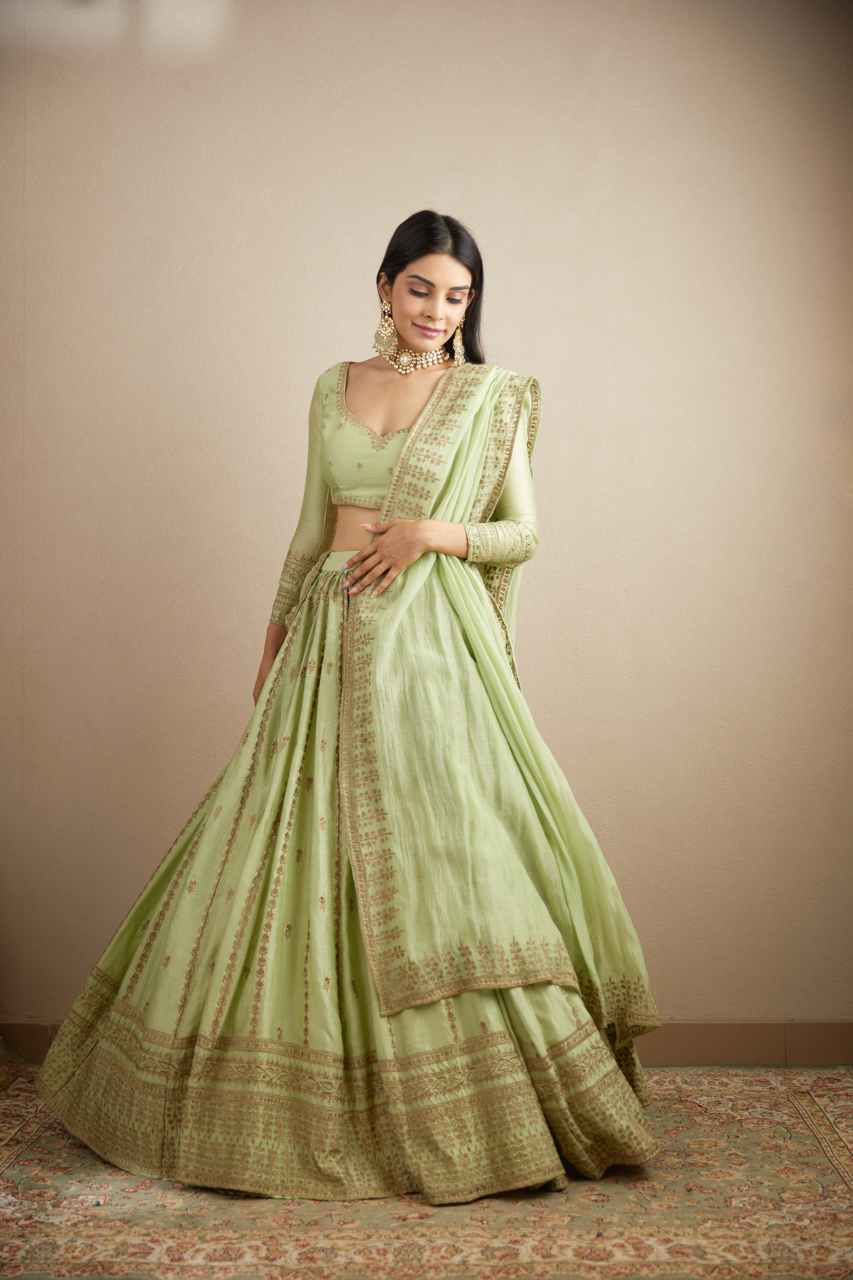 MINT CHANDERI SILK LINE WORK LEHENGA SET
