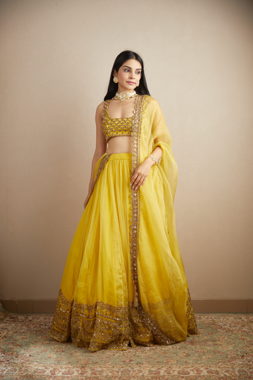 YELLOW ORGANZA SILK LEHENGA SET