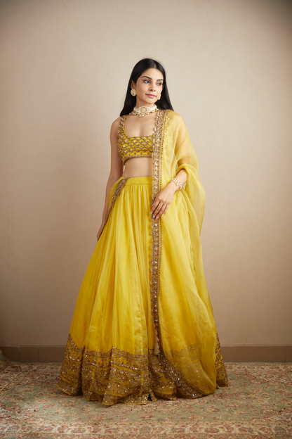 YELLOW ORGANZA SILK LEHENGA SET