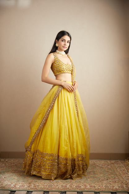 YELLOW ORGANZA SILK LEHENGA SET