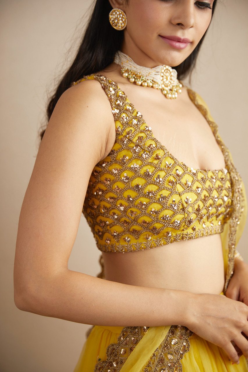 YELLOW ORGANZA SILK LEHENGA SET