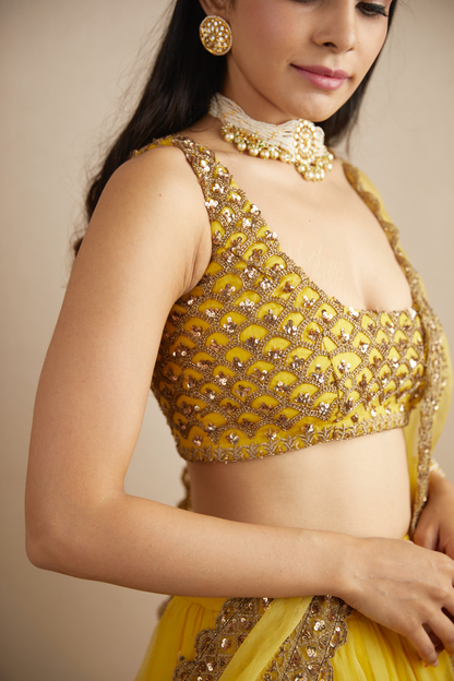 YELLOW ORGANZA SILK LEHENGA SET