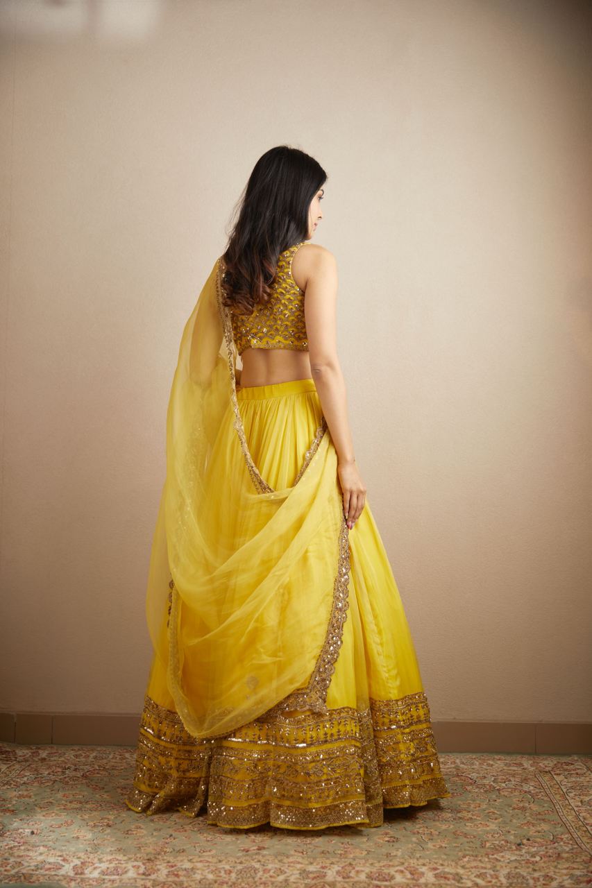 YELLOW ORGANZA SILK LEHENGA SET