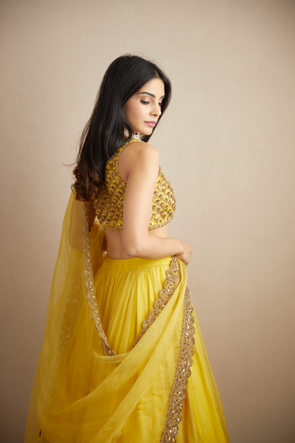 YELLOW ORGANZA SILK LEHENGA SET