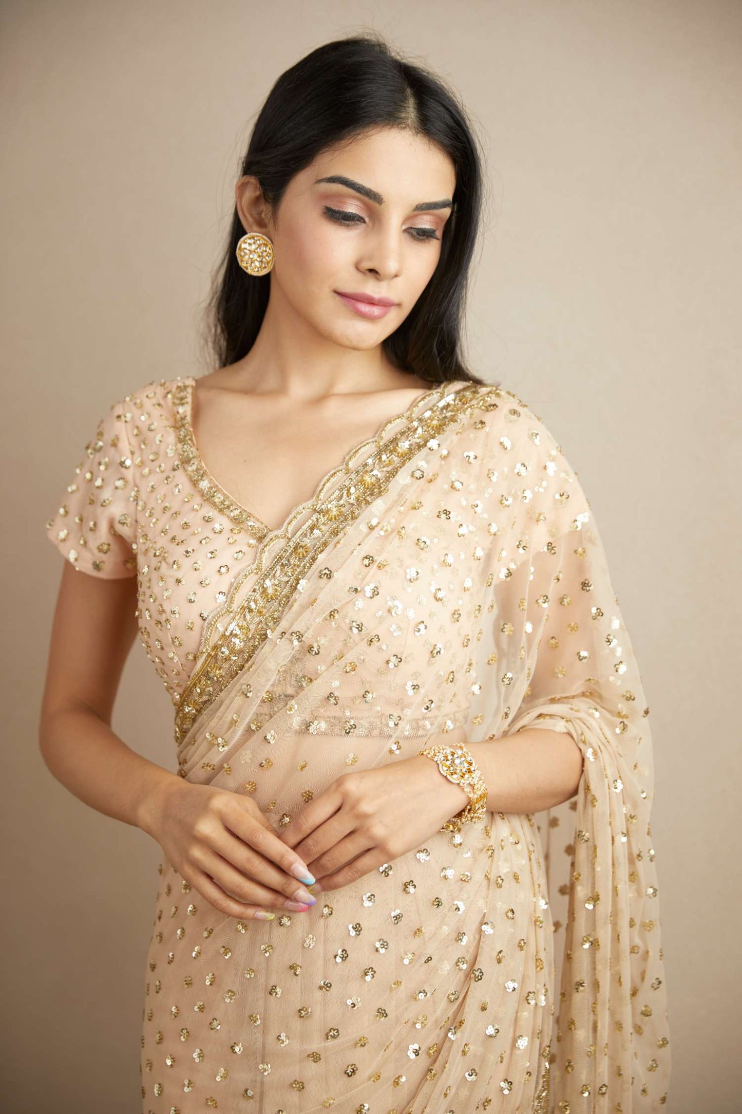 Peach Pink Heavy Shimmer Work Saree Set