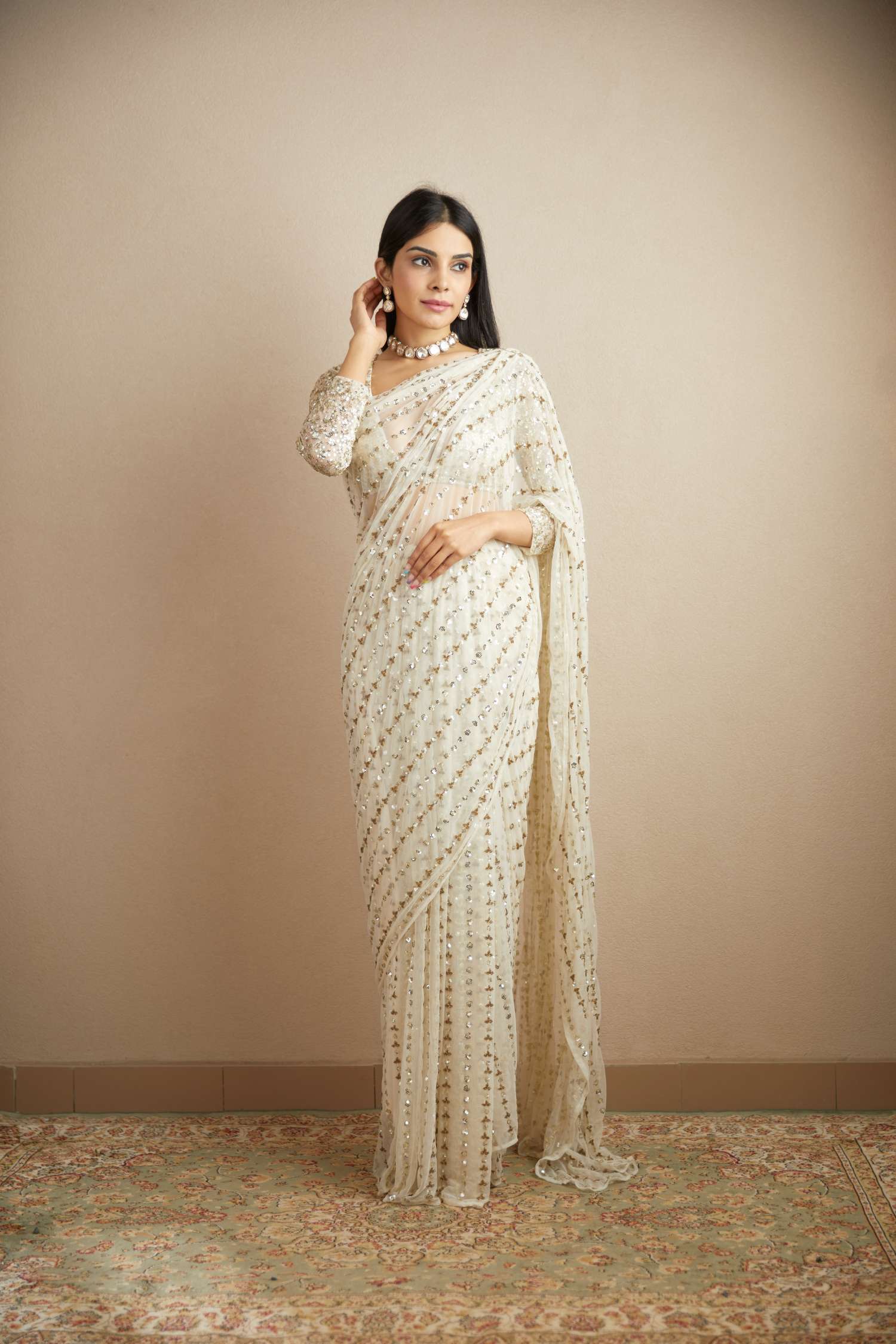 White Net Line Work Saree Set