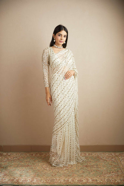 White Net Line Work Saree Set