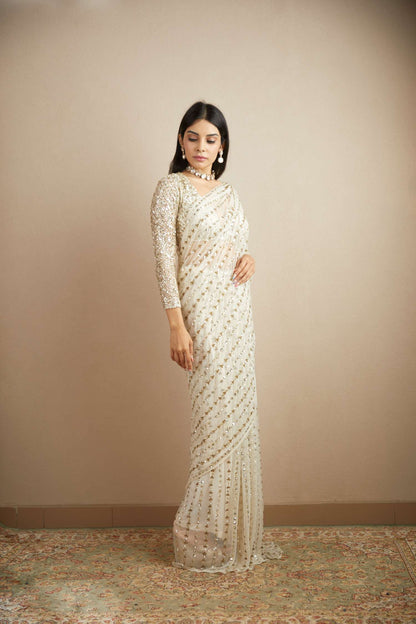 White Net Line Work Saree Set