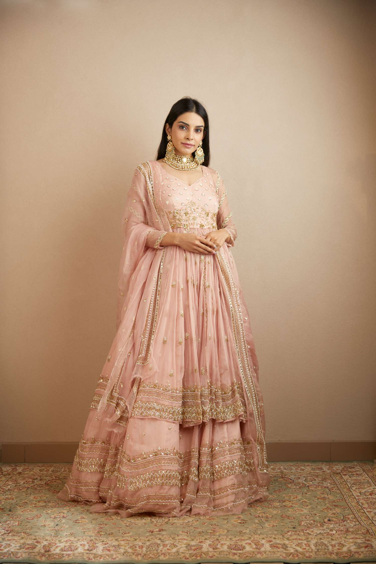 Front view of Blush Pink Organza Anarkali With Sharara Set