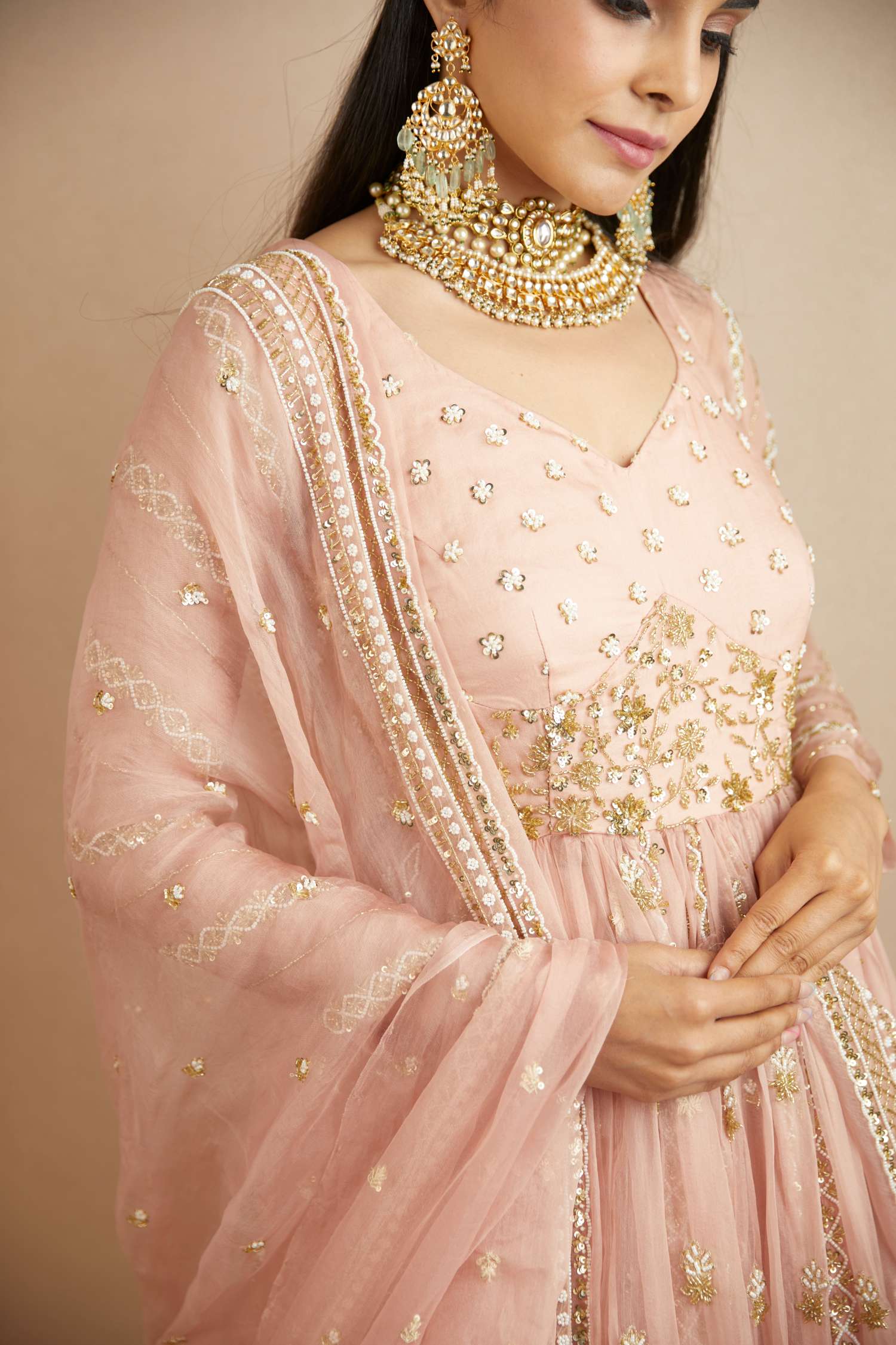 Close-up View of Blush Pink Organza Anarkali With Sharara Set