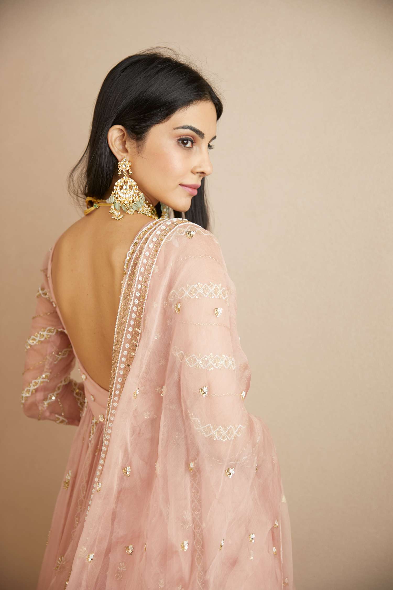 Side view of Blush Pink Organza Anarkali With Sharara Set