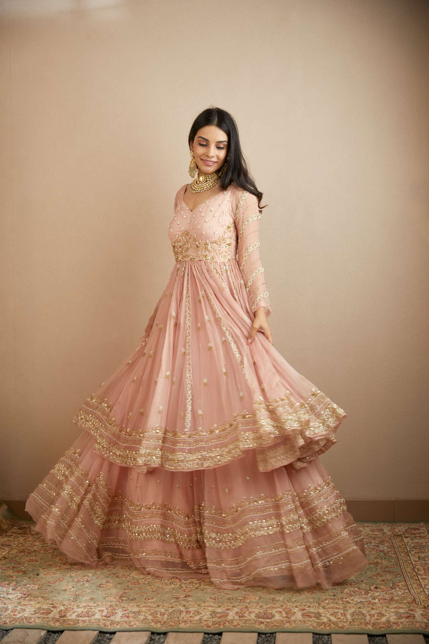 Front Side view of Blush Pink Organza Anarkali With Sharara Set