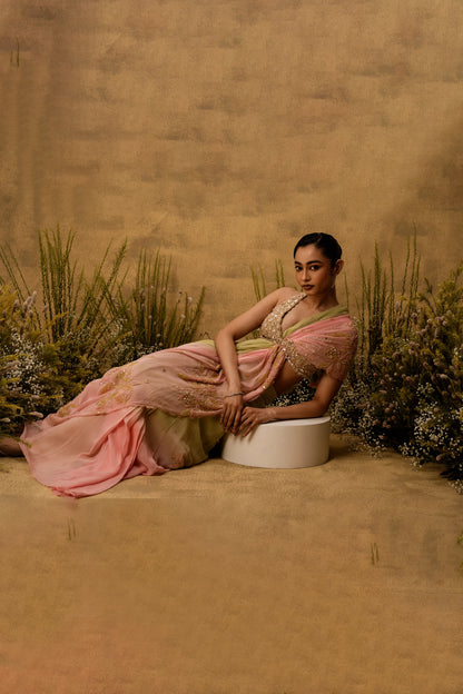 Pastel green & pink ombre Pre-stitched hand embroidered georgette saree set