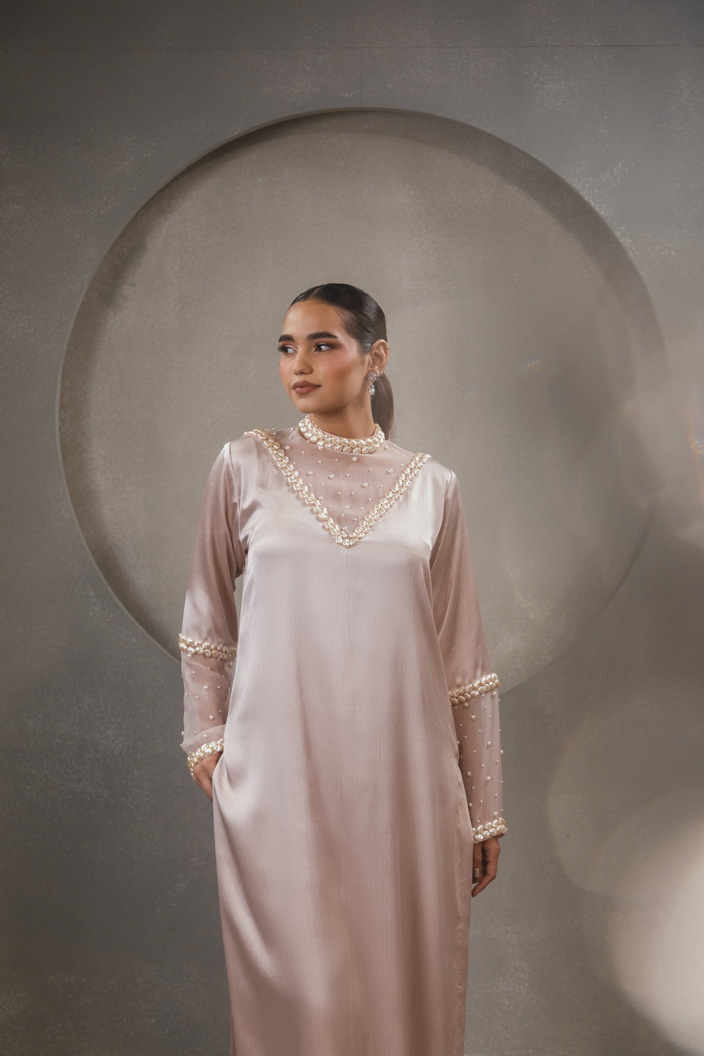 Pink High Neck Pearl Kurta