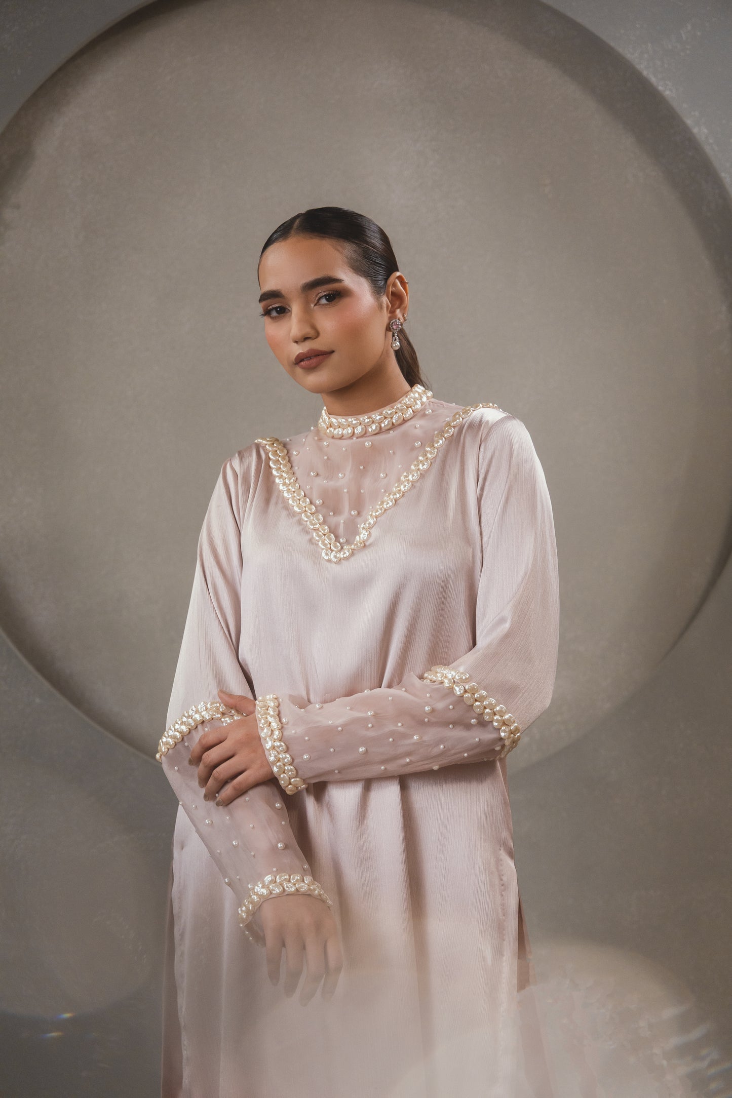 Pink High Neck Pearl Kurta
