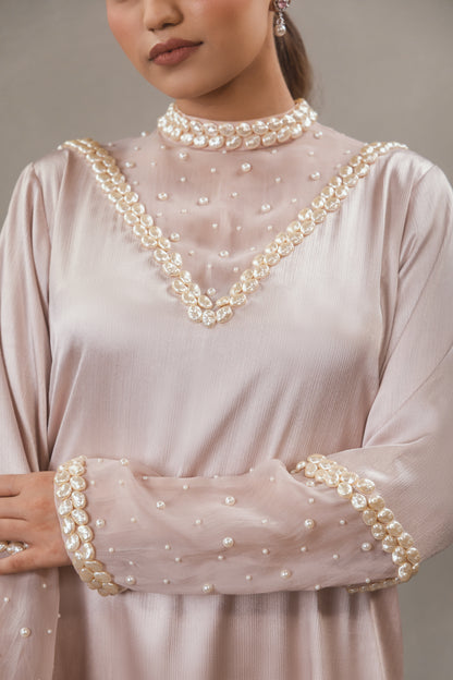Pink High Neck Pearl Kurta