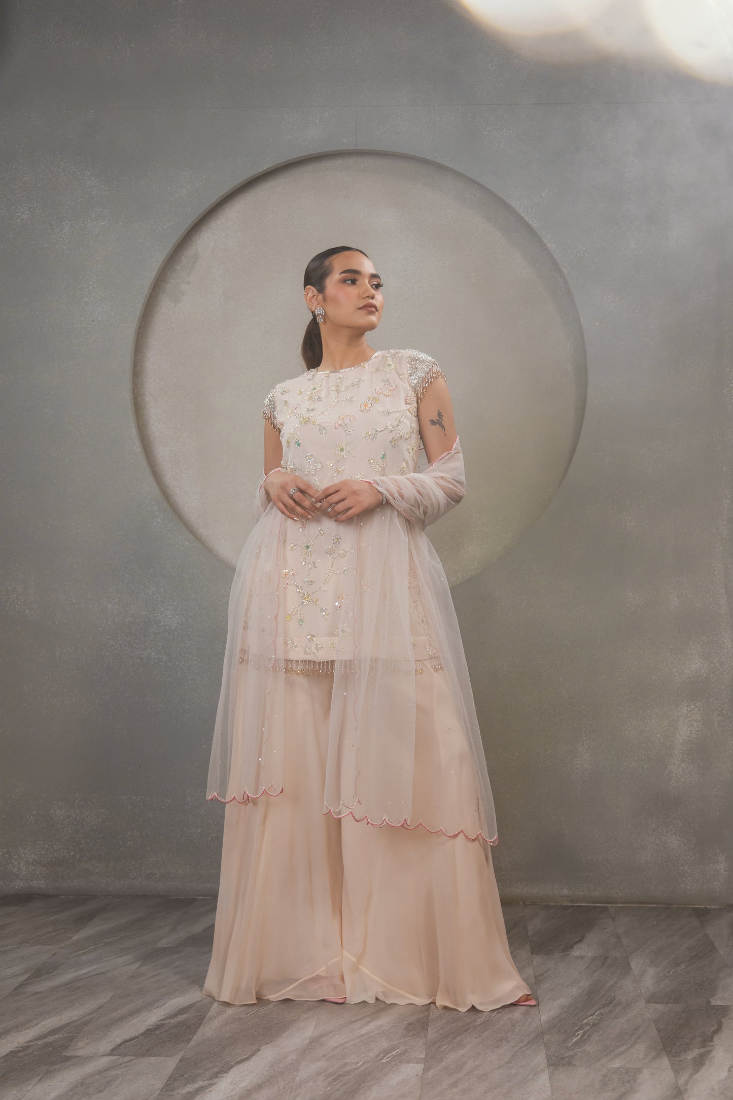 Peach Caps Sleeves with Tassels