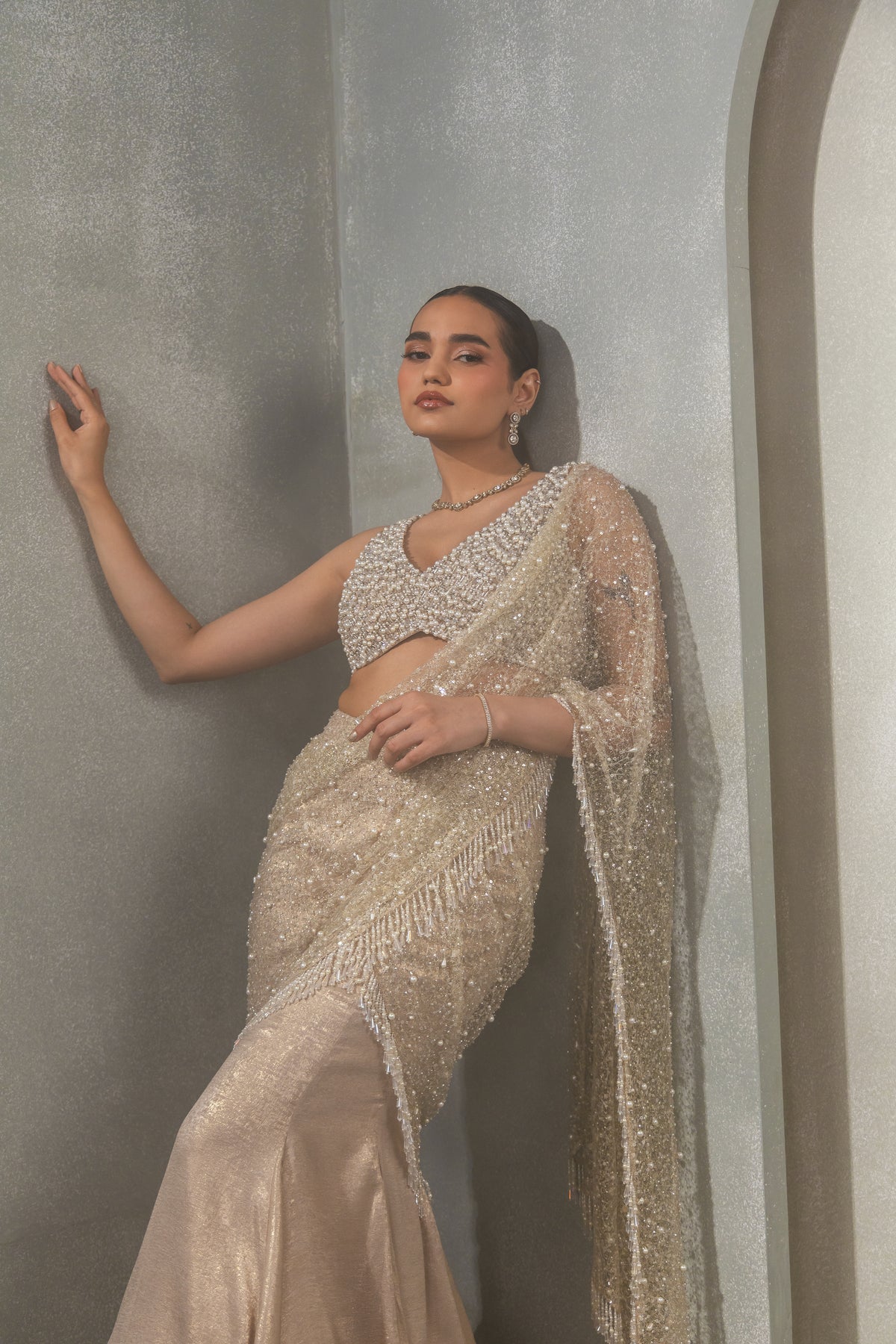 Heavy Jaal Embroidred Palla with Pearl Blouse