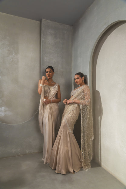White Gold Corset Saree Drape