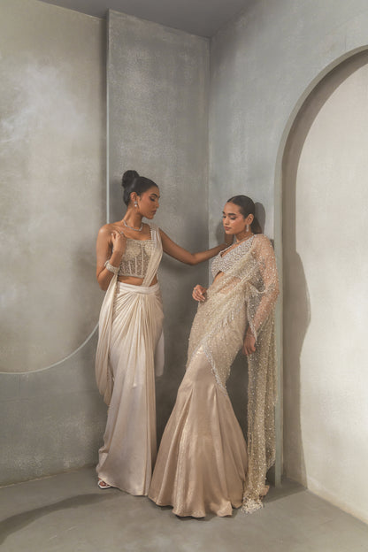 White Gold Corset Saree Drape