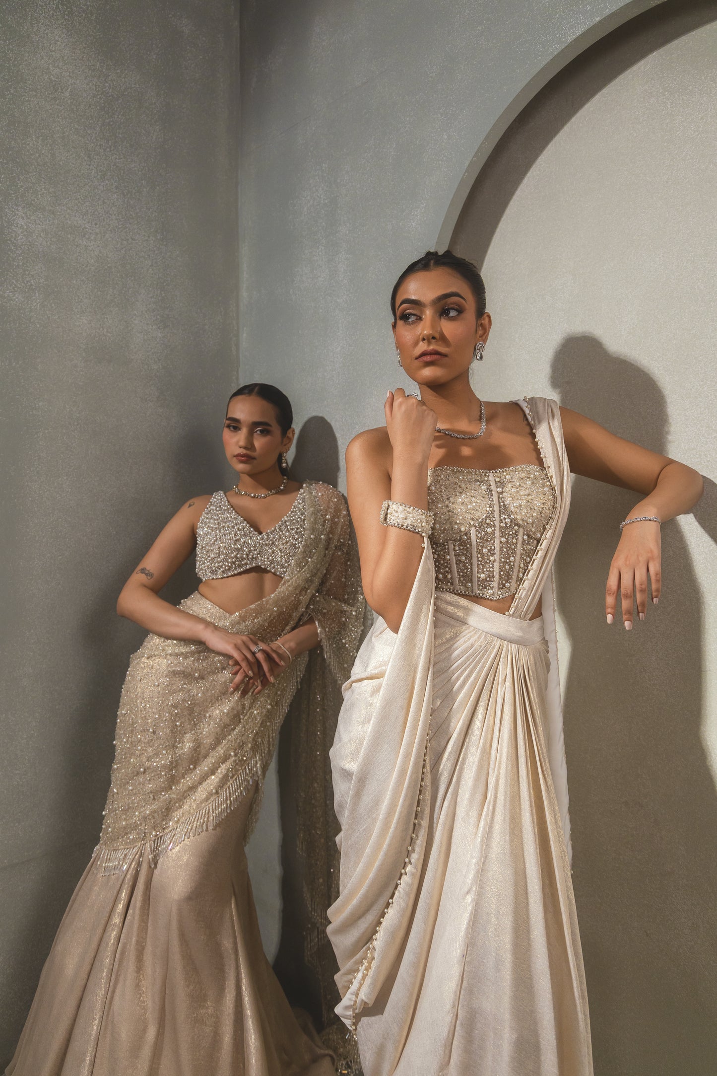 White Gold Corset Saree Drape